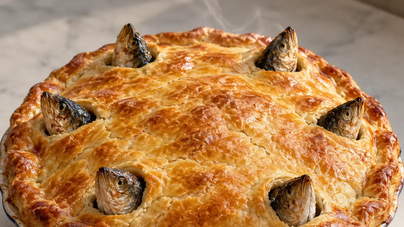Stargazy pie con coperchio di brisée dorato e sei teste di pesce prima di porzionare