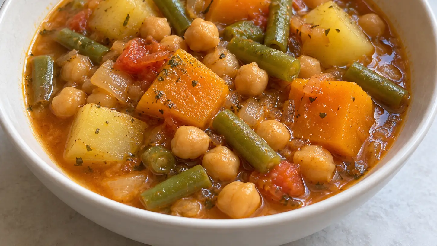 Olla gitana met kikkererwten, oranje pompoen, aardappelen en sperziebonen in tomatenbouillon