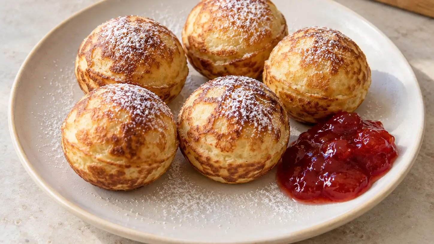 Goudbruine Deense pannenkoekbolletjes bestrooid met poedersuiker naast aardbeienjam