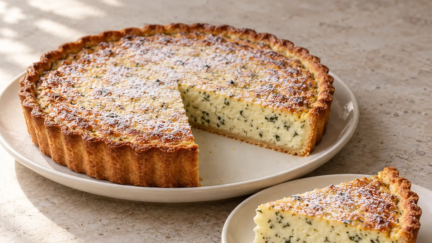 Flaó from Ibiza with cheese filling, mint flecks, and an anise crust