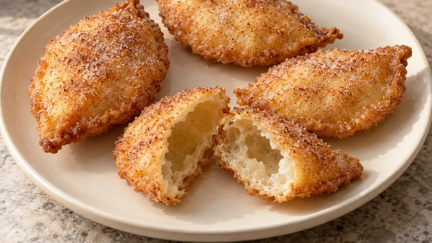 Golden paparajotes with sugar and cinnamon and an opened batter shell without its leaf