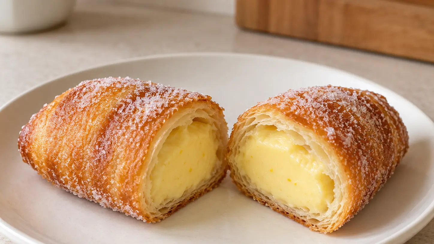 Golden flaky xuixo coated in sugar with a cut side revealing thick cream