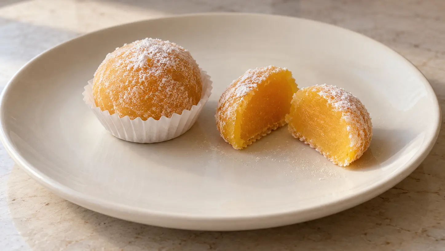 Yellow yemas de Santa Teresa in paper cups with a light sugar coating