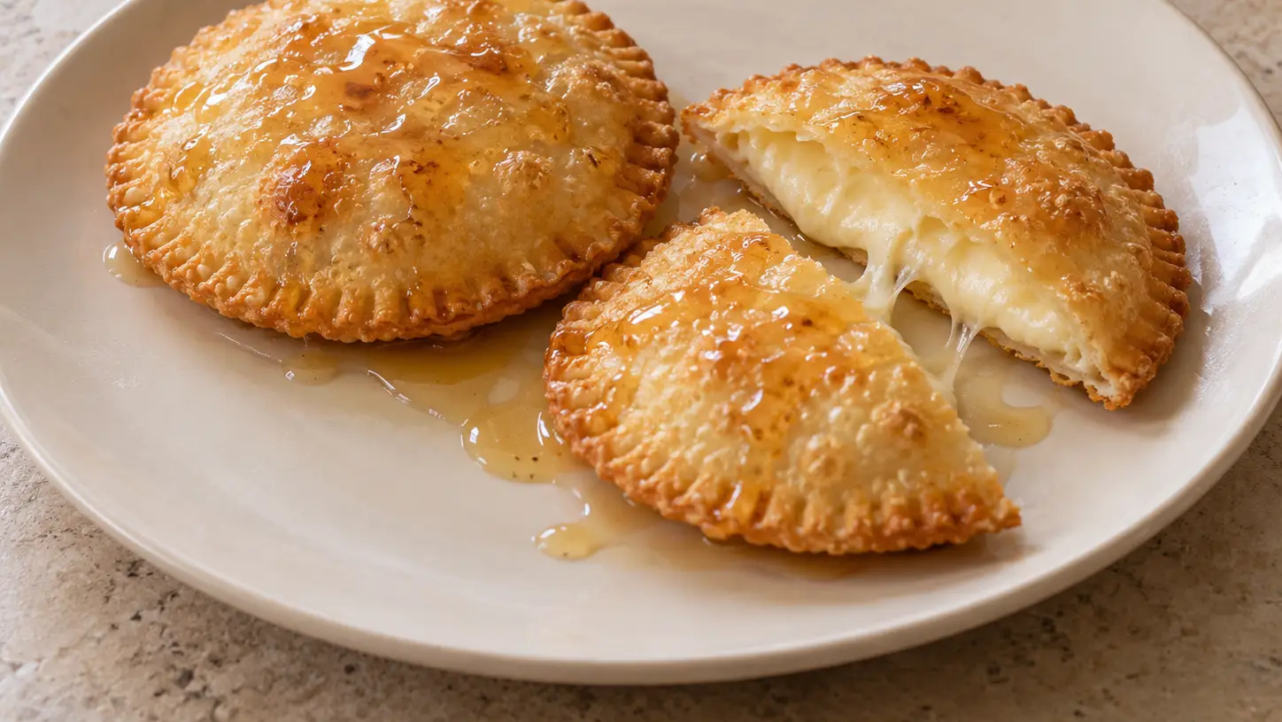 Golden seadas drizzled with honey and cut open to show the warm cheese filling
