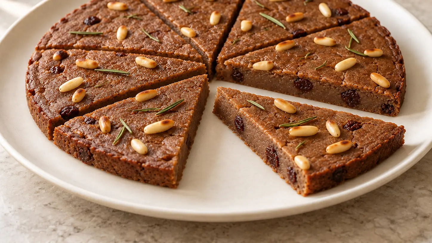 Low castagnaccio with raisins and pine nuts cut into triangular portions