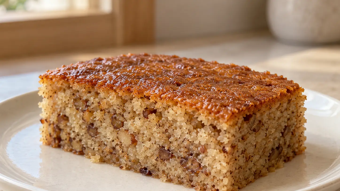 Moist slice of Greek karydopita with visible walnuts and a gentle syrup sheen
