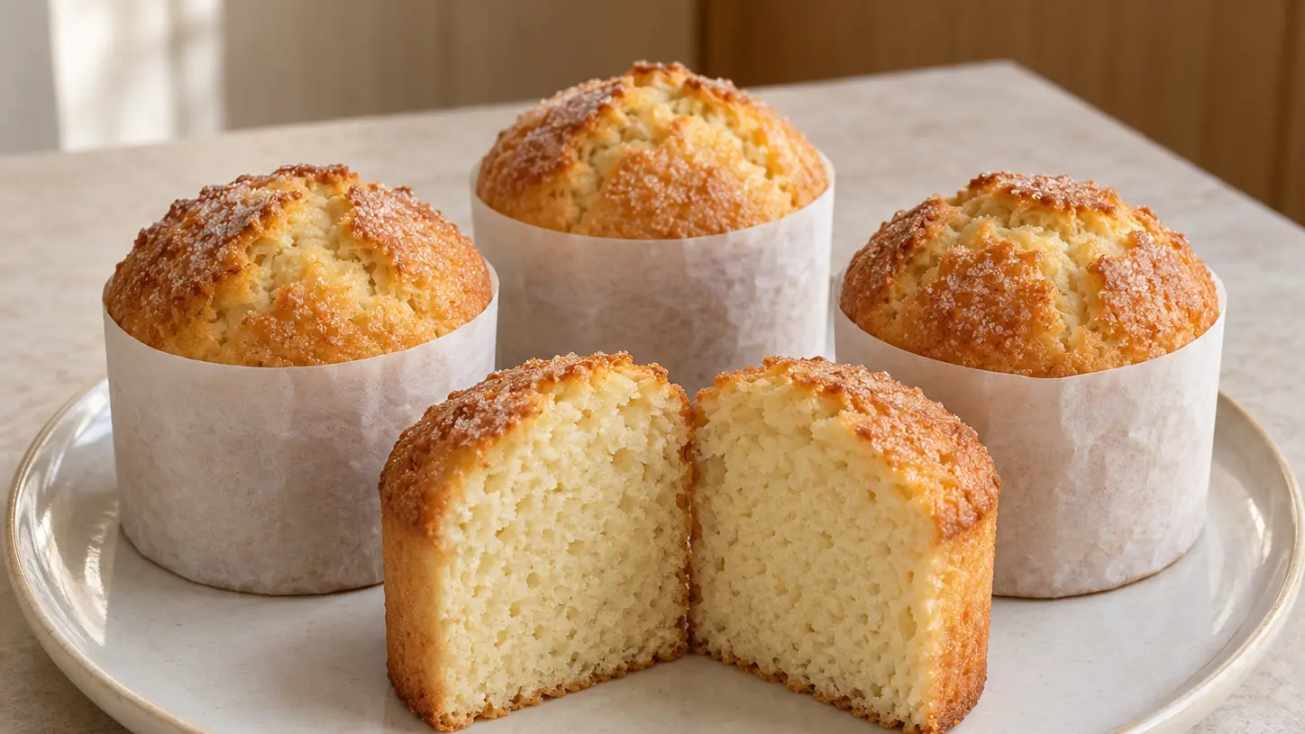 Tall bolo de arroz in paper collars with a golden sugar crust