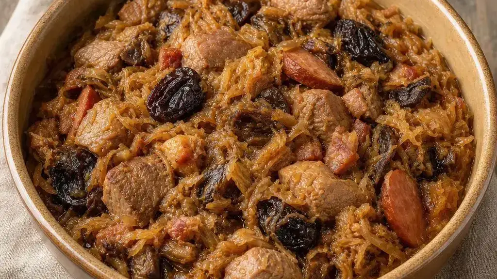 Bigos z kiszoną kapustą, mięsem, kiełbasą i suszonymi śliwkami