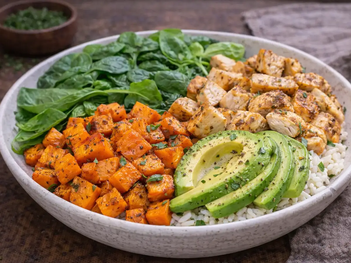 Bowl de poulet et patate douce rôtie