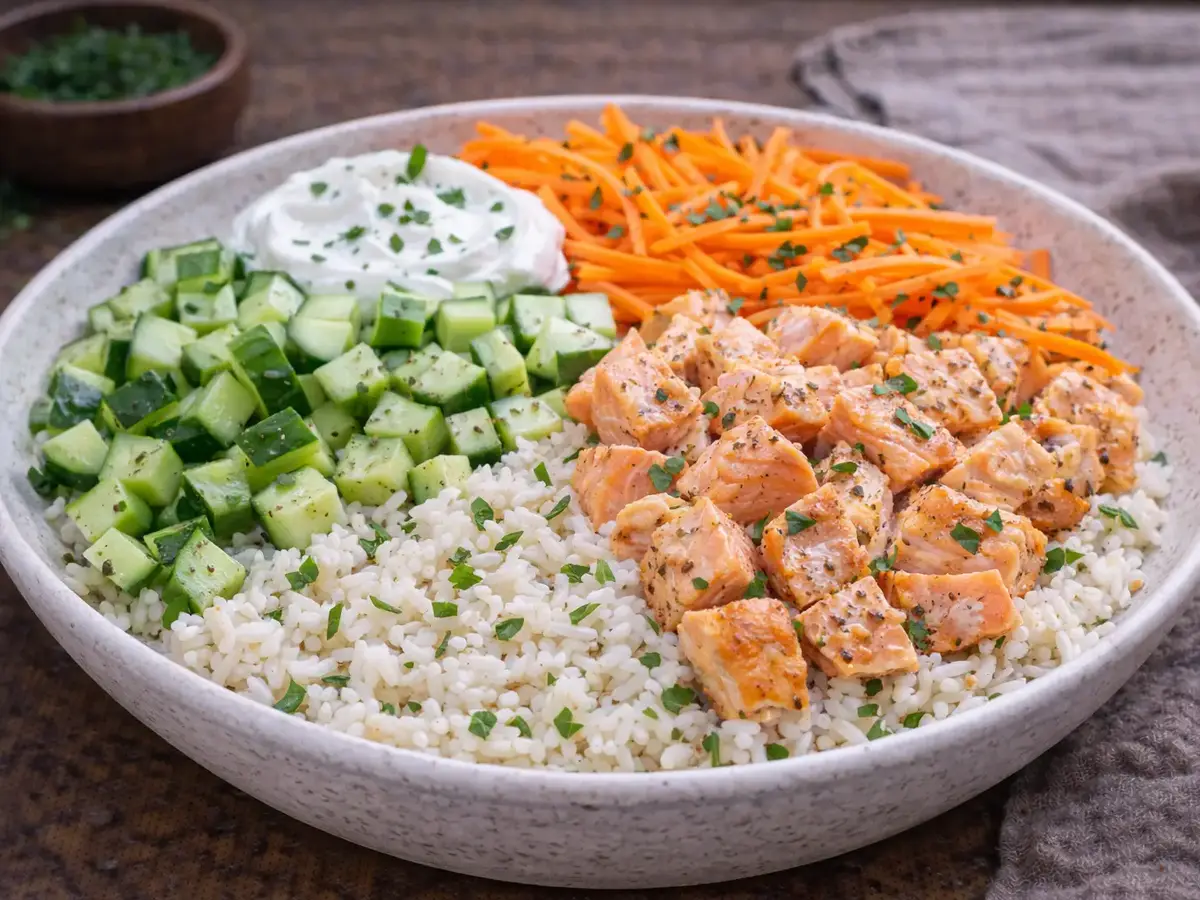 Salmon, Rice, and Cucumber Bowl