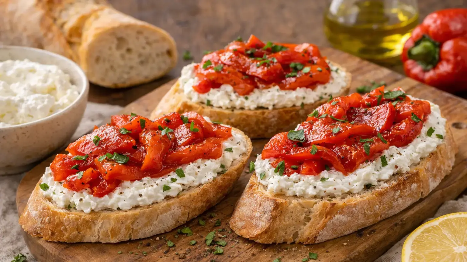 Bruschetta z ricottą i pieczoną papryką
