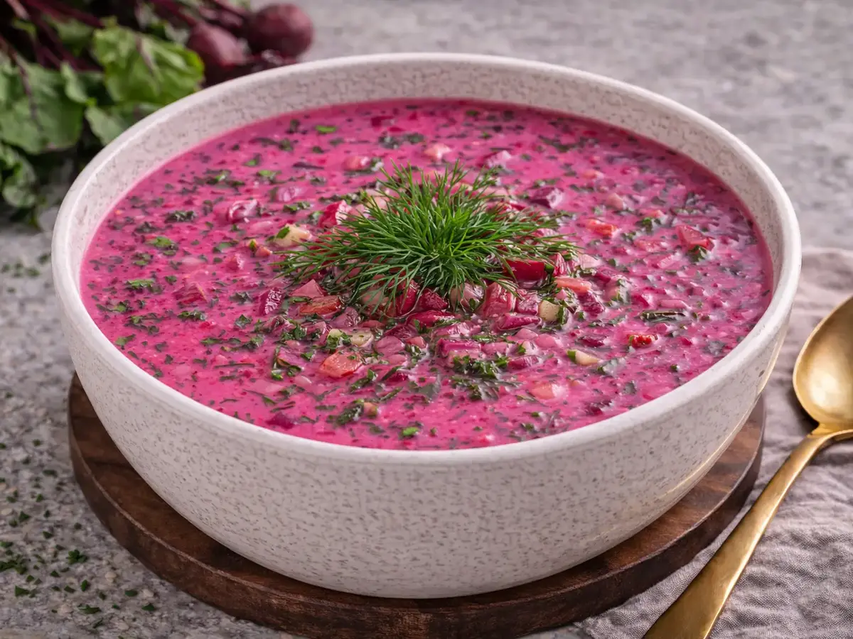 Chłodnik with Botwinka (Cold Young Beet Soup)