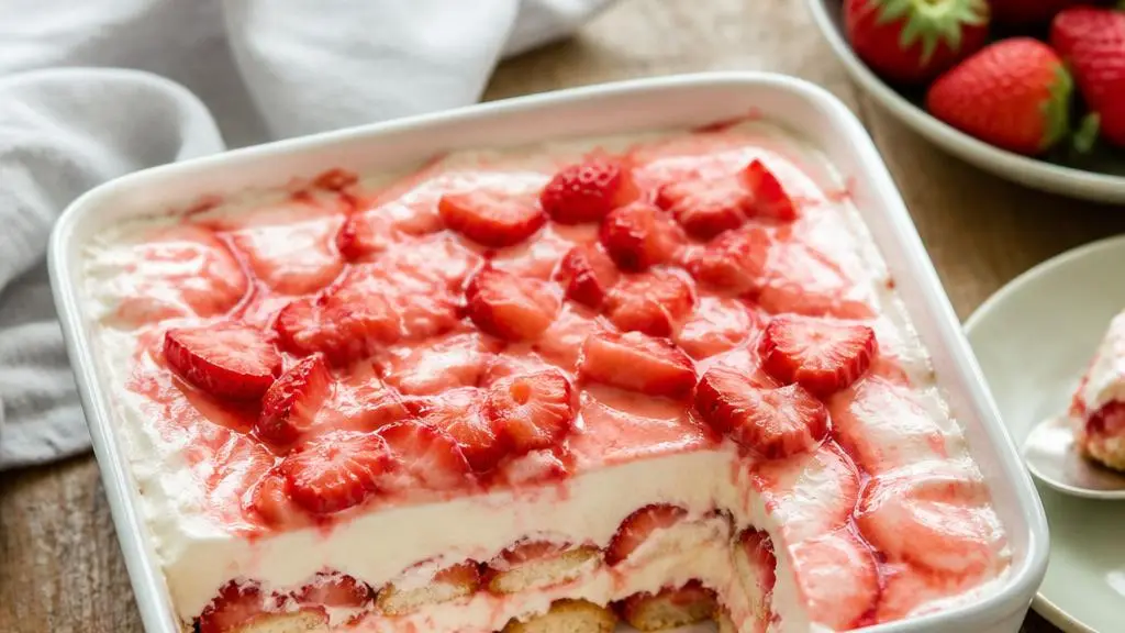 A layered dessert with mascarpone, strawberries, and pieces of sponge cookies