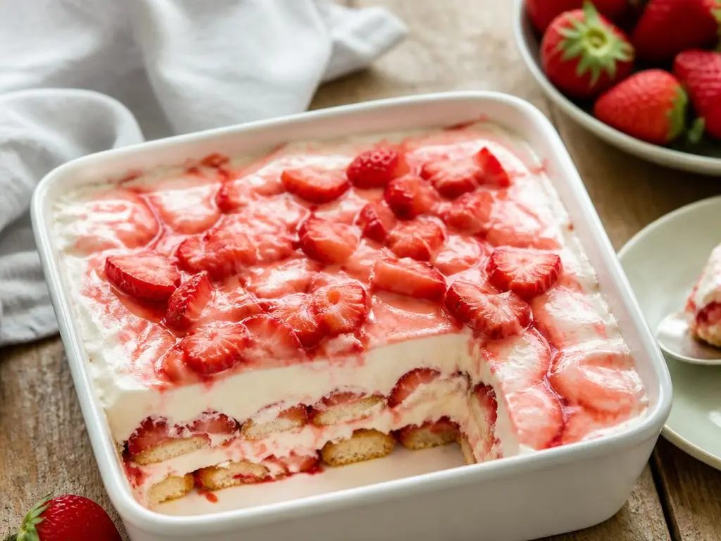 Lodowy deser truskawkowy z mascarpone i chrupiącymi biszkoptami
