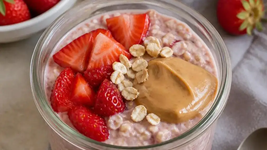 Pink overnight oats with strawberries and peanut butter