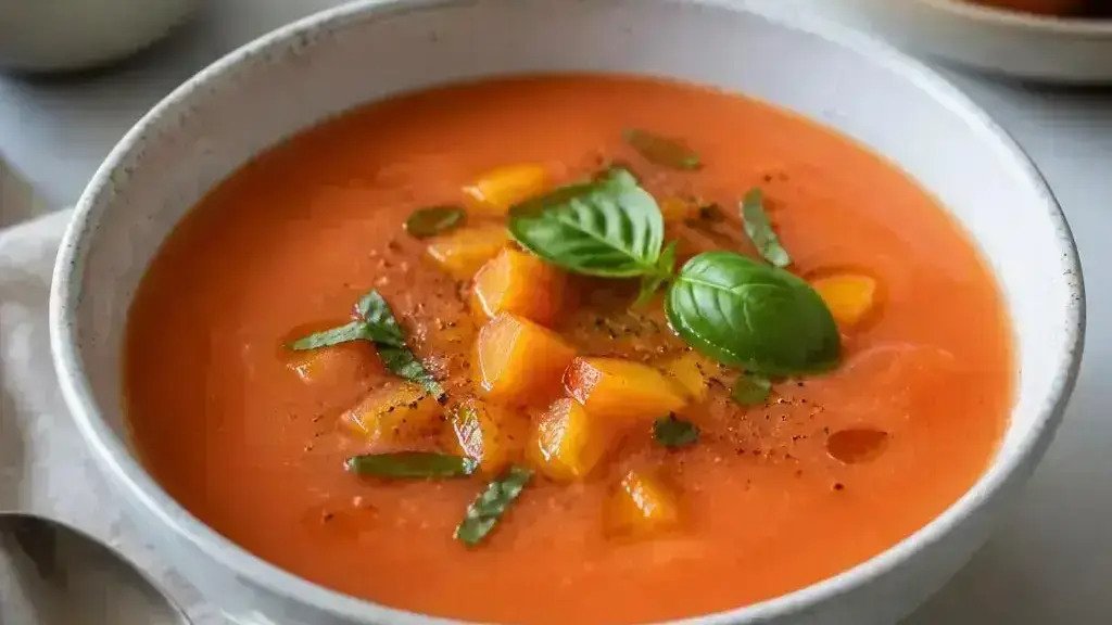 Cold tomato-peach soup with pieces of peach and basil