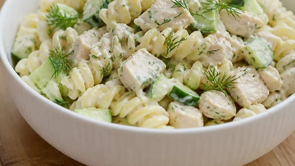 Creamy pasta salad with chicken, cucumber, and dill