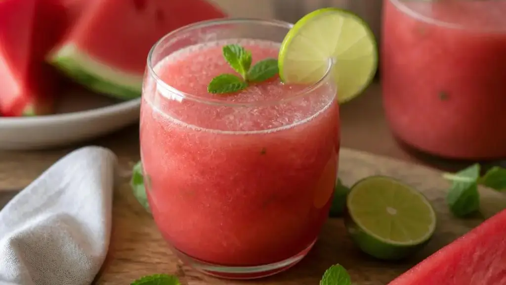 Pink iced watermelon lemonade with lime and mint