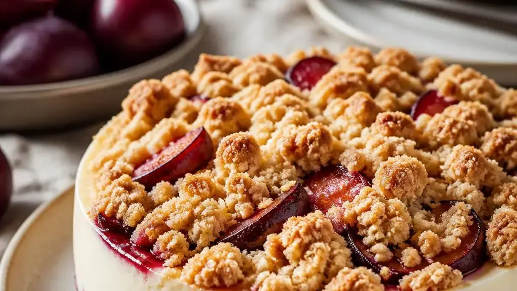 Sernik na zimno z pieczonymi śliwkami i maślanym crumble