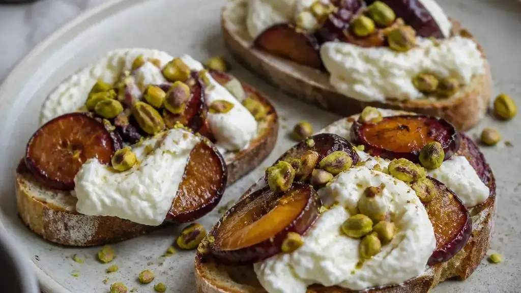 Grzanki z pieczonymi śliwkami, burratą i pistacjami