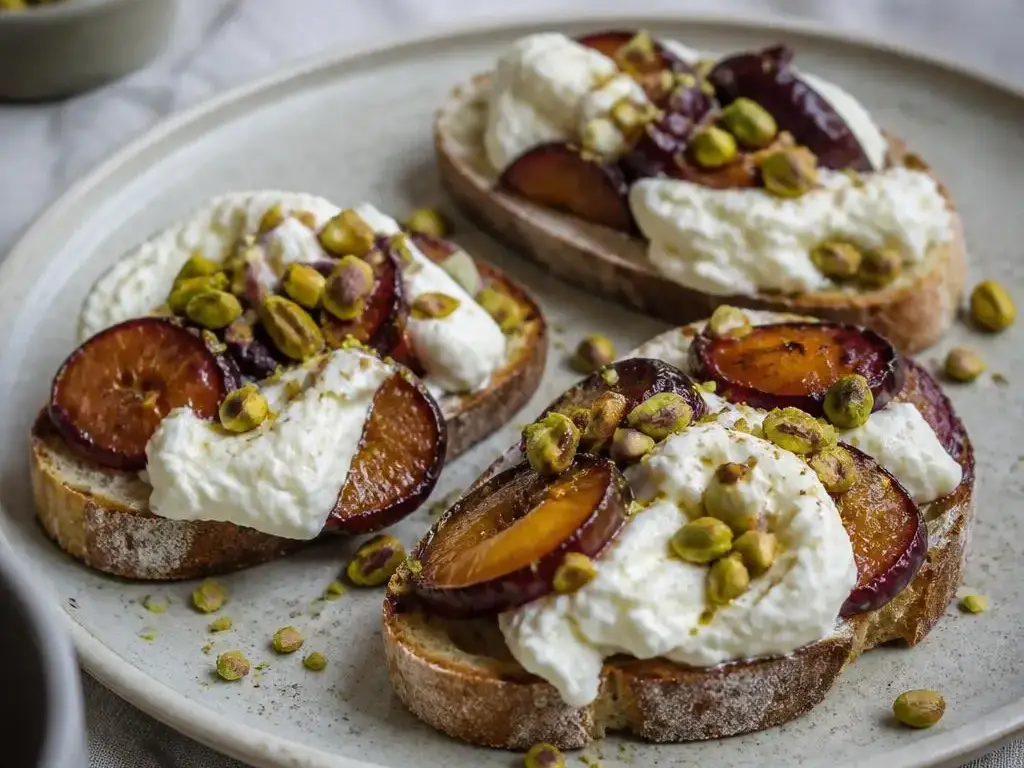 Grzanki z pieczonymi śliwkami, burratą i pistacjami