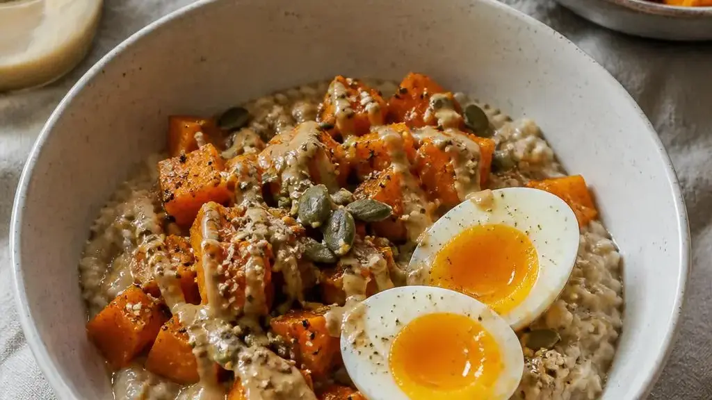 Wytrawna owsianka z pieczoną dynią, jajkiem i tahini