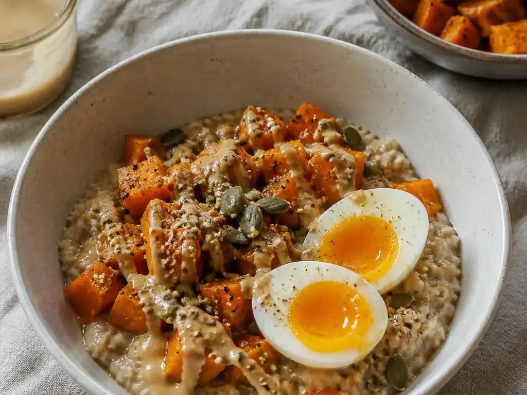 Wytrawna owsianka z pieczoną dynią, jajkiem i tahini