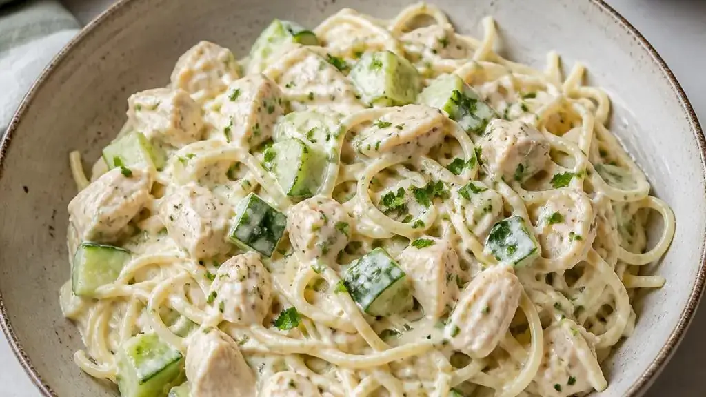 Cold noodles with chicken, cucumber, and creamy sauce