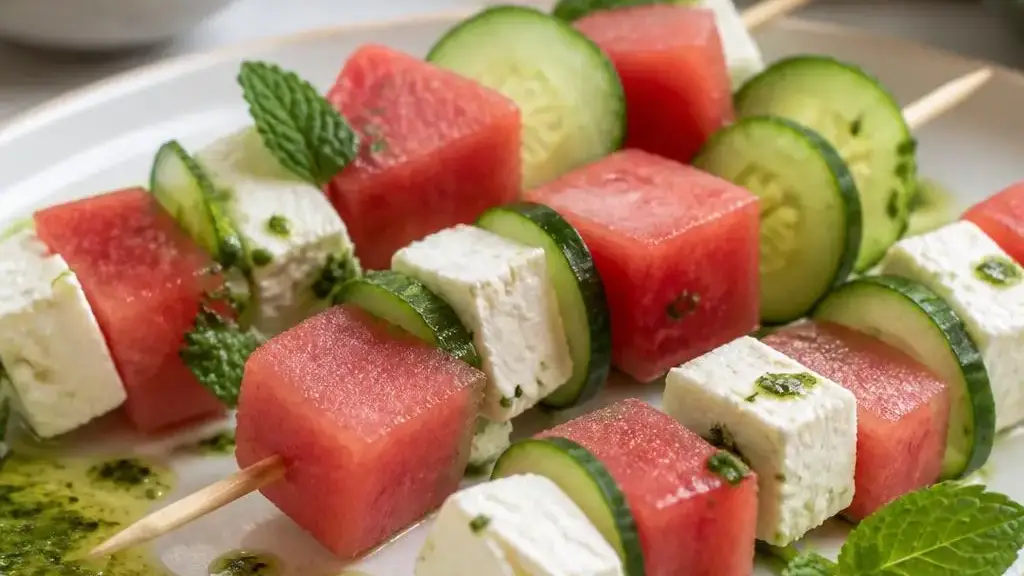 Watermelon, feta, and cucumber skewers served with mint