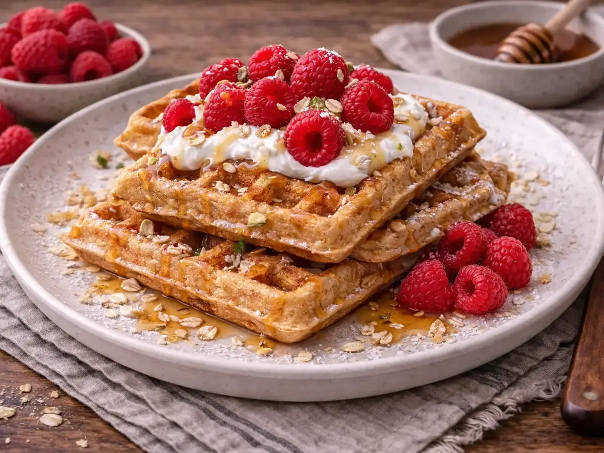 Oat Waffles with Yogurt and Raspberries