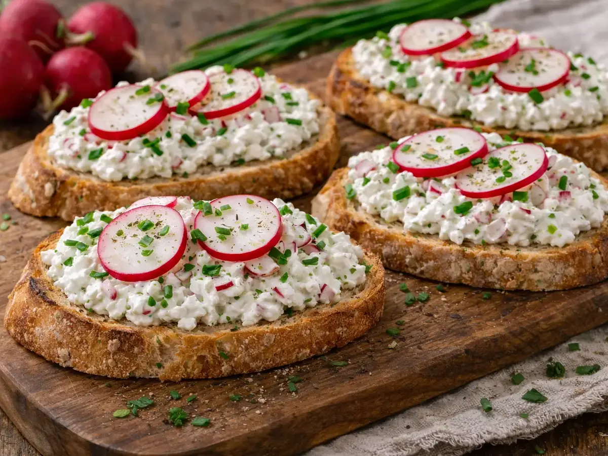 Toast met Poolse verse kaas en radijs