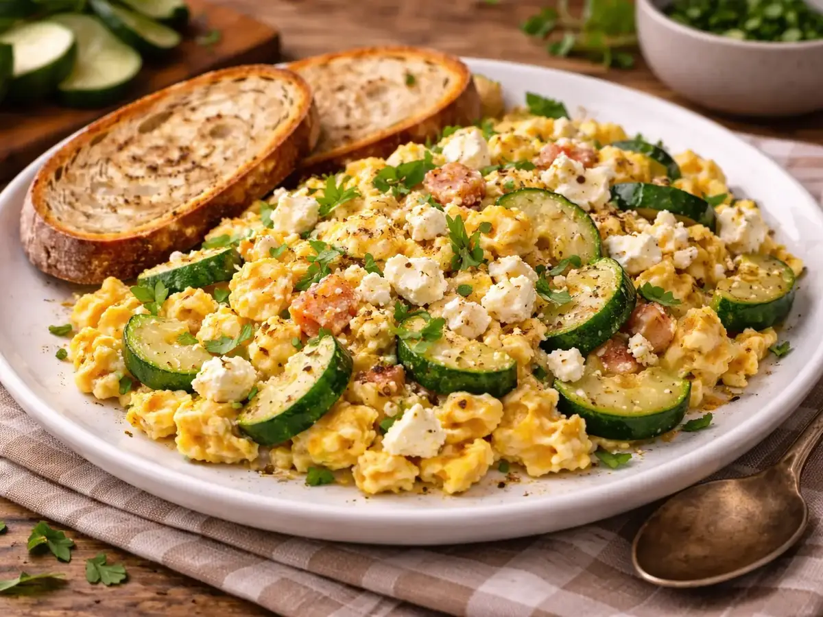 Scrambled Eggs with Zucchini and Feta