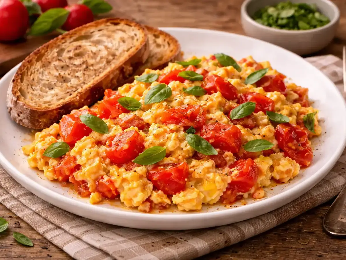 Scrambled Eggs with Tomatoes and Basil