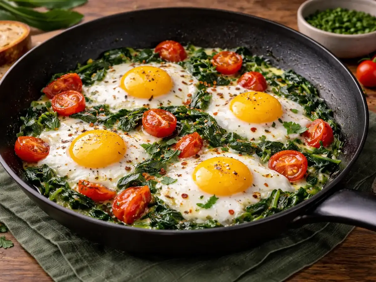 Sunny-Side-Up Eggs with Spinach and Cherry Tomatoes