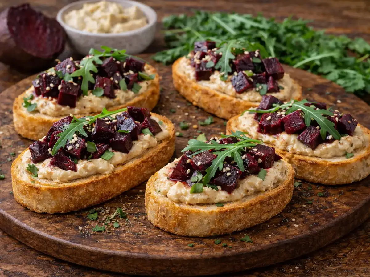 Baguette Bites with Hummus and Roasted Beet