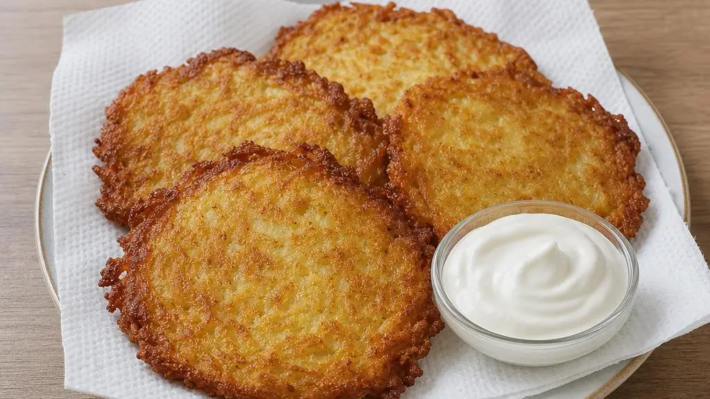 Golden potato pancakes with sour cream on a plate
