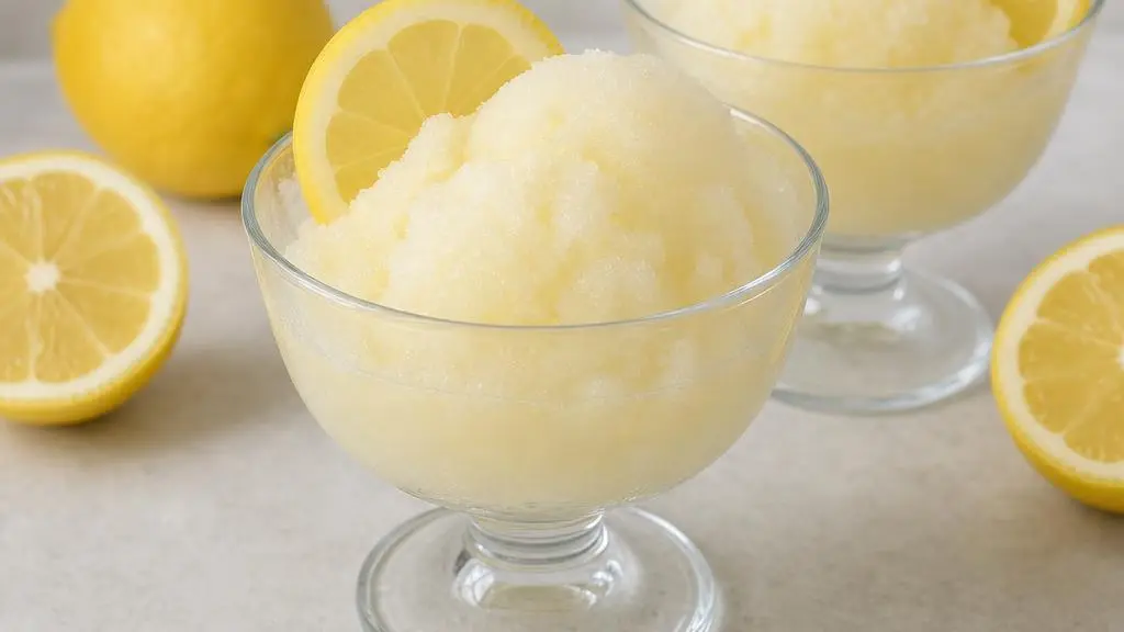 Jasny sorbet cytrynowy w szklanych pucharkach z cienkimi plasterkami cytryny