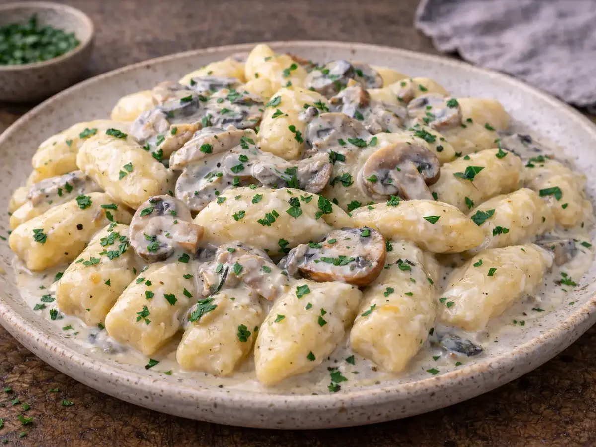 Kopytka (Polish Potato Dumplings) with Mushroom Sauce