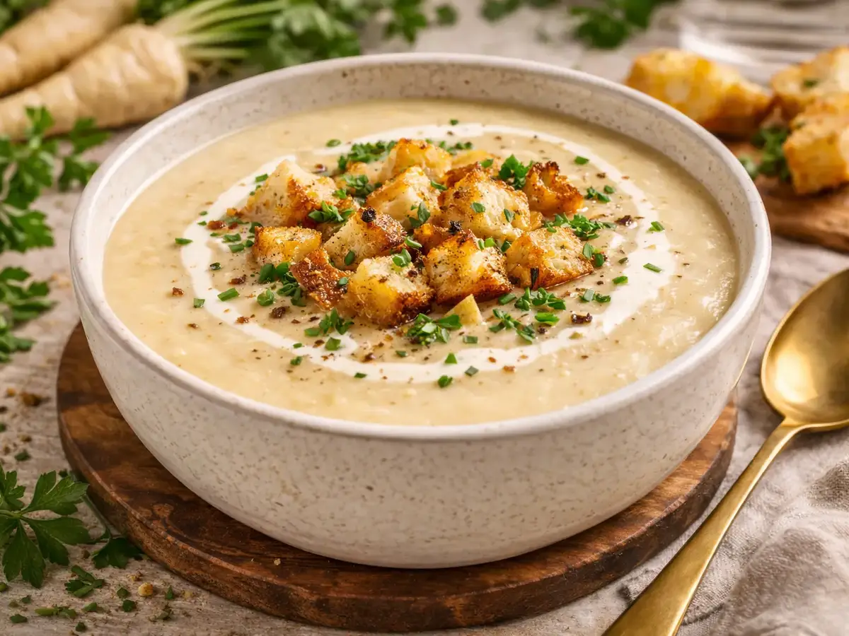 Creamy Parsley Root Soup with Croutons