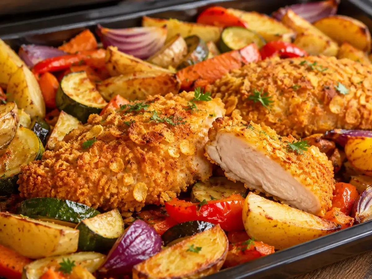 Crispy Cornflake Chicken with Roasted Vegetables