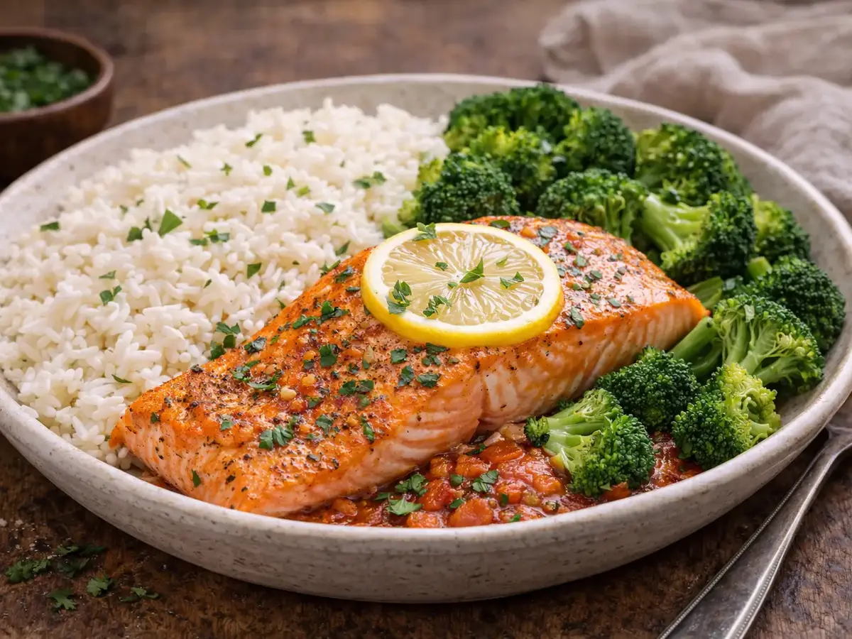 Baked Salmon with Rice and Broccoli