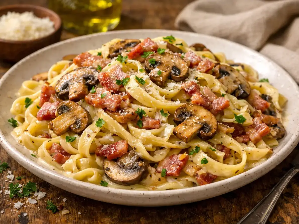 Tagliatelle con funghi e pancetta