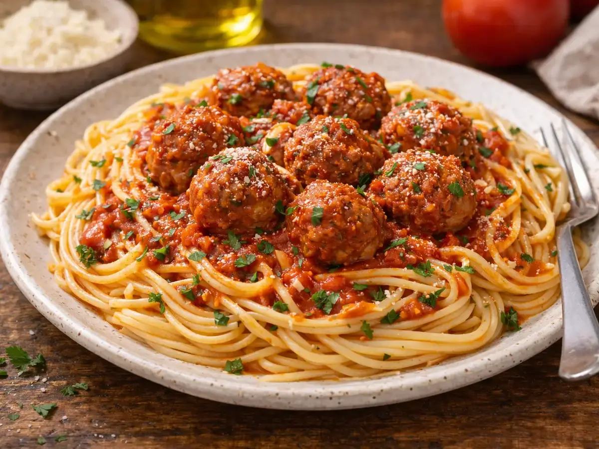 Spaghetti with Meatballs in Tomato Sauce