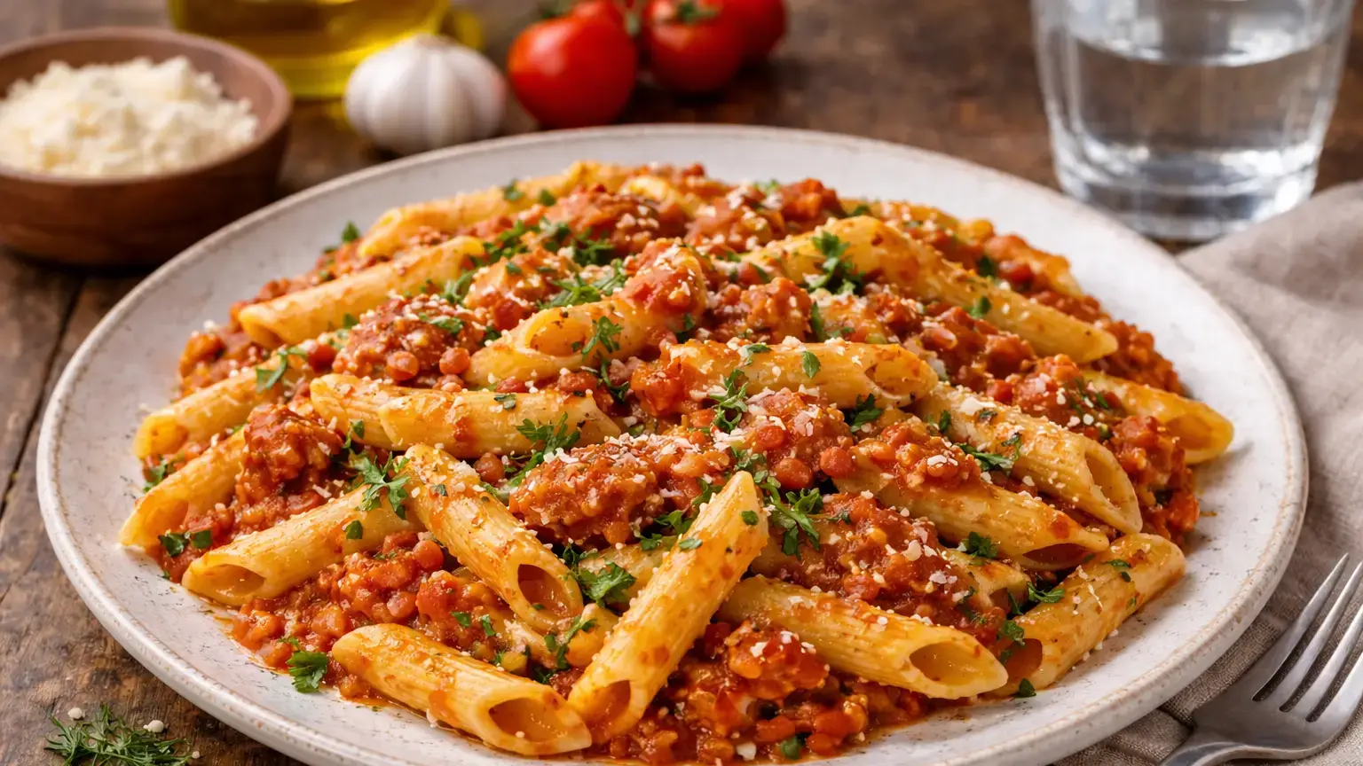 Makaron z soczewicą i pomidorami