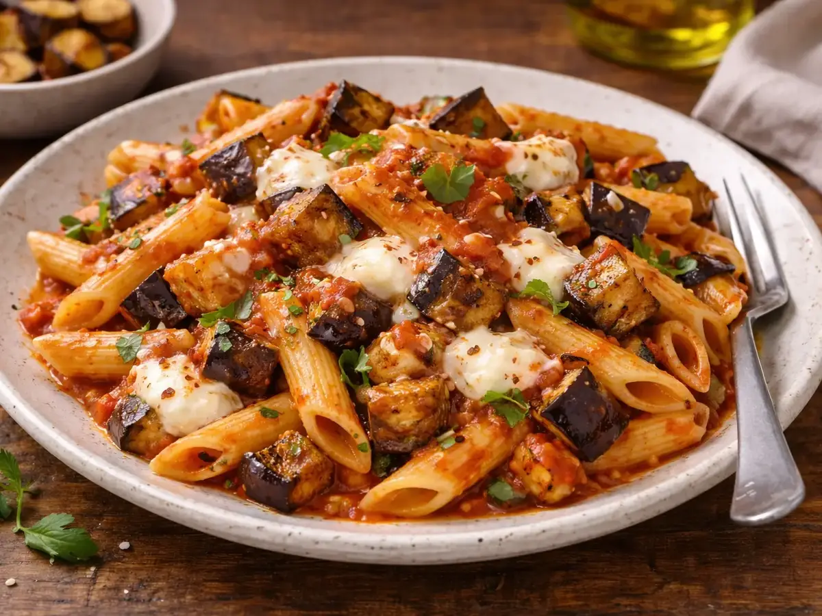 Penne with Mozzarella and Roasted Eggplant