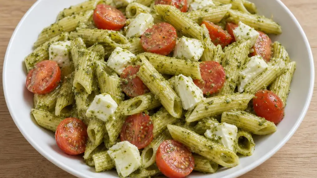 Makaron z zielonym pesto, pomidorkami koktajlowymi i kawałkami mozzarelli