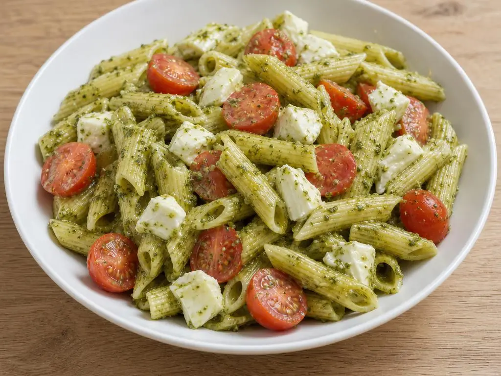 Makaron z pesto bazyliowym, pomidorkami i mozzarellą