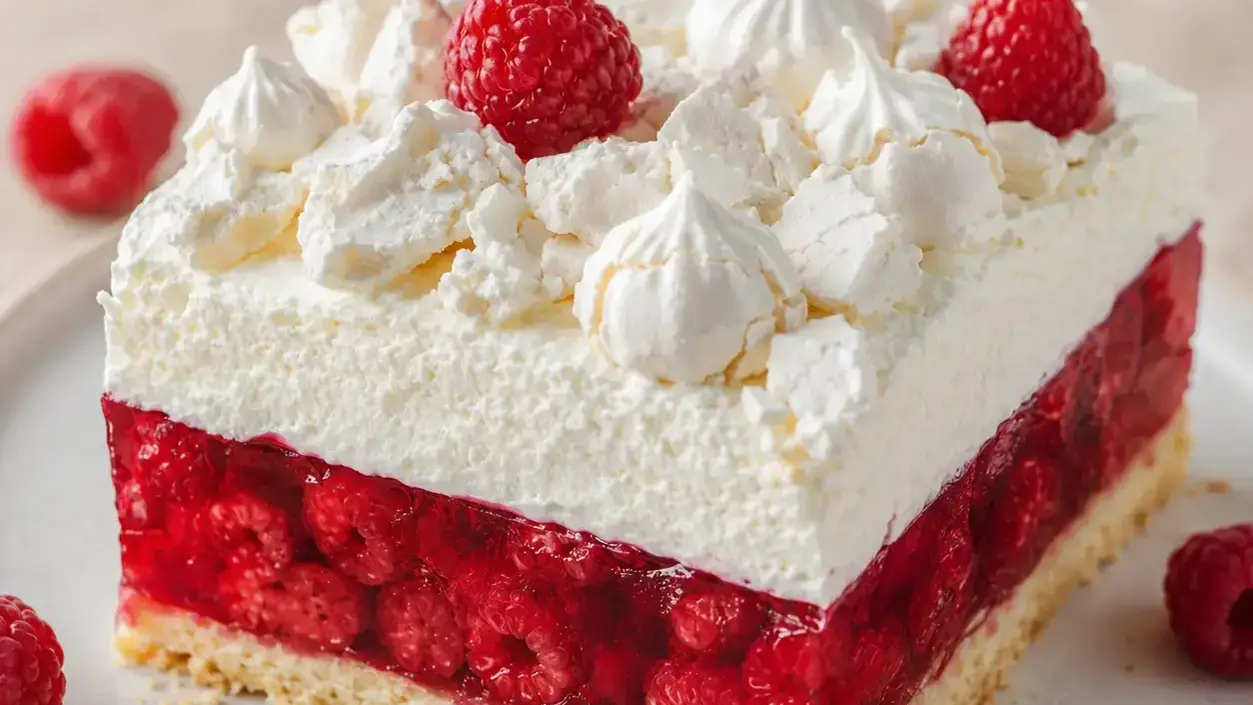 Malinowa chmurka with cream, raspberries, and meringue on a shortcrust base