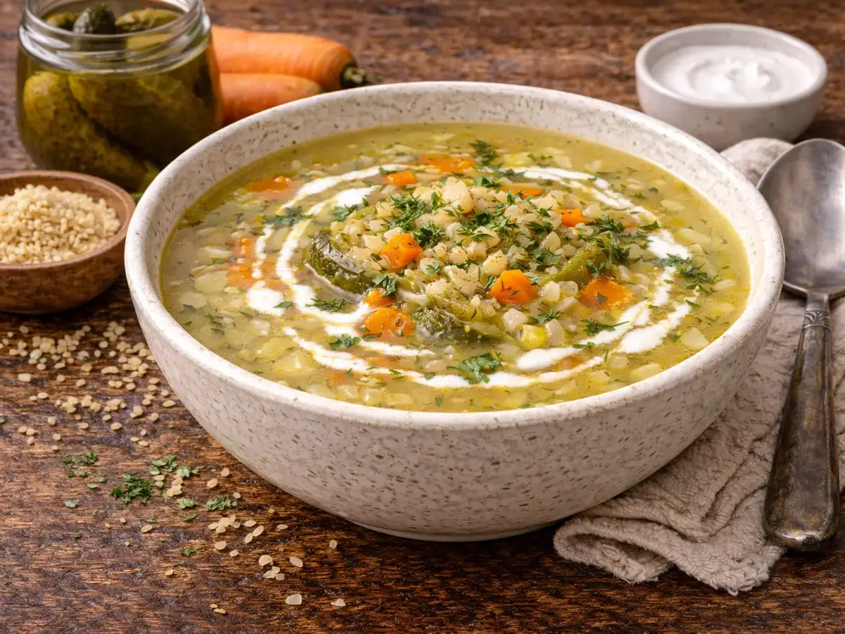 Polish Dill Pickle Soup with Rice (Ogórkowa)