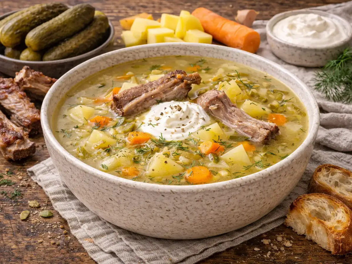 Polnische Salzgurkensuppe mit Schweinerippchen